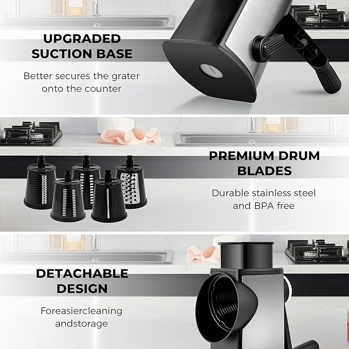 SUSTEAS Rotary Cheese Grater with Handle, Kitchen Mandoline Vegetable Slicer with 5 Interchangeable Blades, Easy to Clean, Strong Suction, Grater Slicer for Fruit, Vegetables, Nuts, with Storage Case