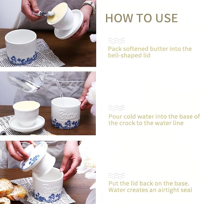 Butter Crock with Lid, French Butter Dish with Water Line for Countertop, Ceramic Butter Keeper for Spreadable Butter, Container Holder for Kitchen and Home Decor, 6.7 OZ, Forest Blue