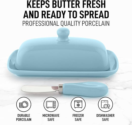 Zulay Butter Dish With Lid For Countertop - Porcelain White, Ceramic Butter Dish with Knob Handle Great for Cooking - Elegant Design Butter Holder - Durable & Sturdy Butter Keeper - Light Blue