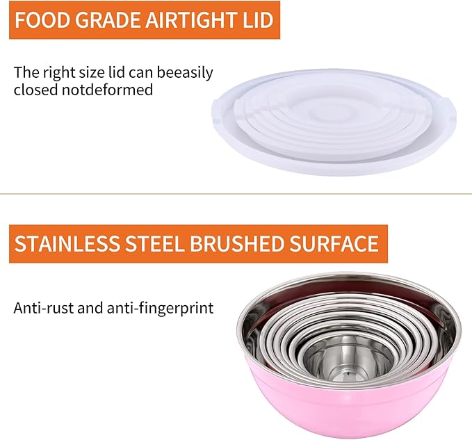 Pink Mixing Bowls With Airtight Lids,Stainless Steel Bowl,Salad Bowls 7 Piece Colorful Nesting Bowl Pink Kitchen Accessories,Size 7,3.6,2.7,2.1,1.5,1.1,0.8QT Stackable Design