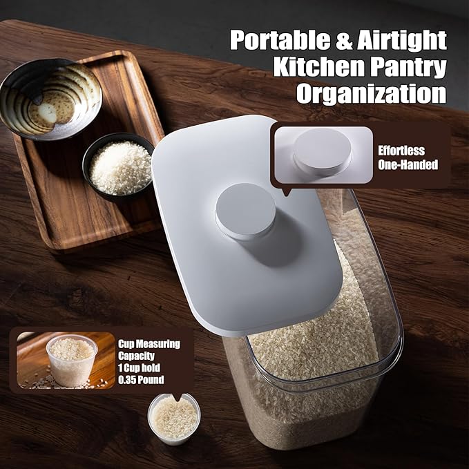 Rice Container - 25 Lbs/12KG/12L Rice Dispenser Storage with Measuring Cup Food Cereal Container Bins Pet Food Container Household for Kitchen Pantry Organization,White