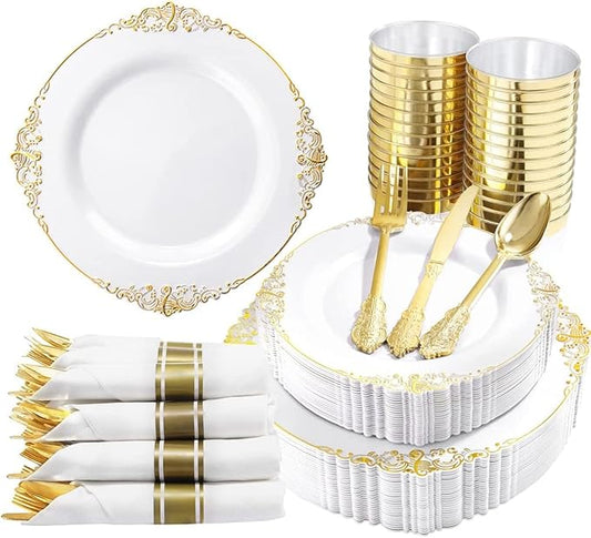 Nervure 350PCS Gold Plastic Plates - Gold Plastic Dinnerware Sets for 50 Guests - 100 Disposable Plates, 150 Silverware, 50 Cups, 50 Napkins for Wedding & Party & Thanksgiving