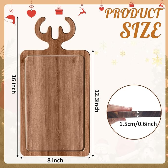 6 Pcs Christmas Appetizer Platter 12 Inch Cutting Board Acacia Serving Trays Wood Charcuterie Board Tray Snack Dessert Candy Dish Plate for Kitchen Gifts (Deer Antler,Rectangle)