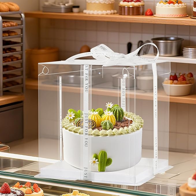 8 Pcs Clear Cake Box with Ribbon 2-Layer 10x10x9 Inch.PET Cake Carrier Transport Container for Tiered Cakes, Transparent Gift Display Boxes with Lid for Halloween.(Clear, 10*10*9inch/8pcs)