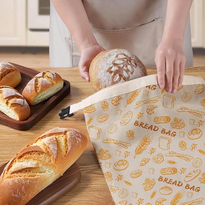 2pcs Reusable Bread Bags for Homemade, Organic Beeswax Cotton Bag with with Lining & Zipper, Sourdough Food Storage Bags, for Freezer-Friendly & Freshness Preservation