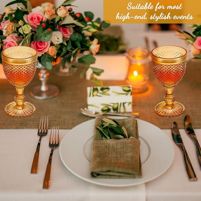 Bokon 12 Pack Amber Glass Goblets Set 10 oz High Clear Wine Glass Vintage Water Goblets Cups Embossed Diamond Design Glassware with Stem for Drinking Juice Liquor Party Wedding Bar