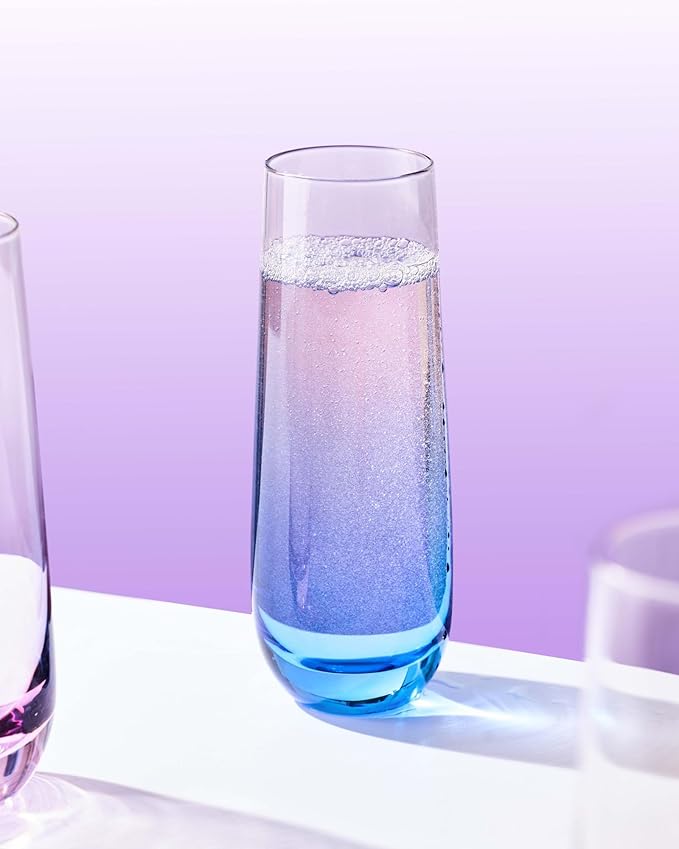 ColoVie Stemless Champagne Glasses Set of 6- Colored Champagne Flutes- Wedding Toasting Glass- Bridesmaid Gift- Mimosa Glass- Crystal Bar Glassware- Birthday Cocktail Party, 9.6oz