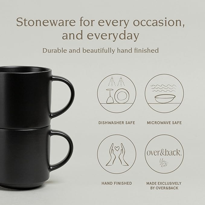 over&back Stackable Stoneware Coffee Mugs - 4-Piece Mug Set - Enjoy the Perfect Cup of Coffee, Tea, Latte, and More - Semi-Matte Black- 14oz