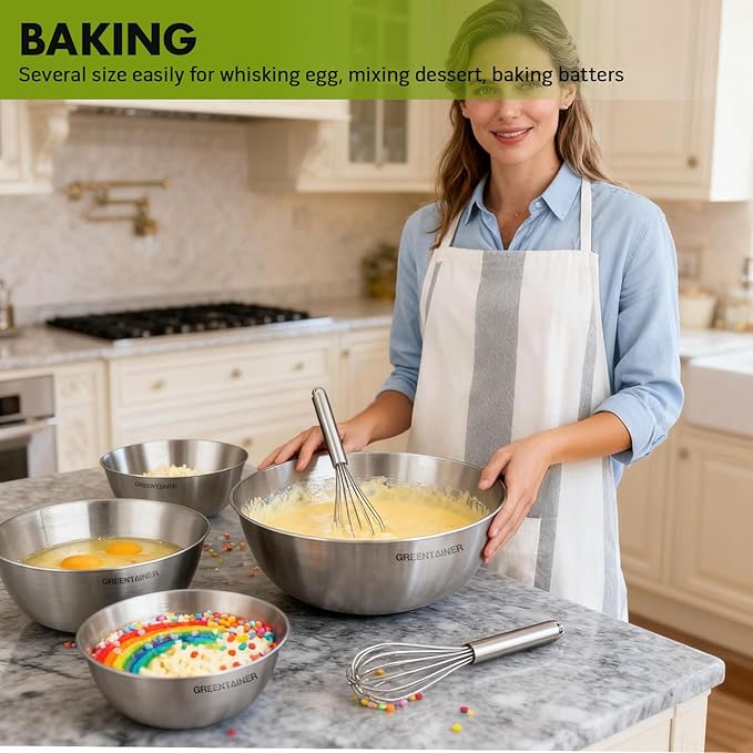 5-Piece Stainless Steel Mixing Bowls Set for Kitchen, Nesting Bowls for Mixing, Baking, Prepping, Cooking and Serving Food, Metal Mixing Bowls Dishwasher Safe