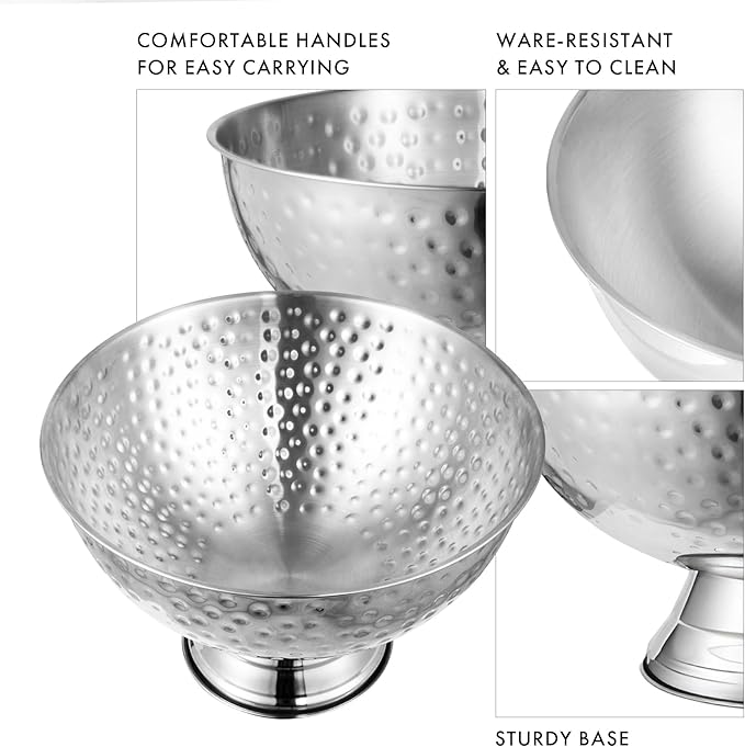 12L Hammered Large Ice Bucket for Parties - 16"x16"x10" Huge Punch Bowl with Ladle - Stainless Steel Bucket for Cocktail Bar - Lightweight Champagne Bucket with Scoop