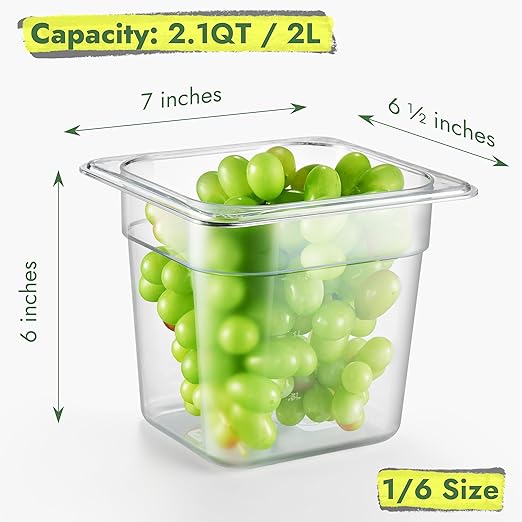 CURTA 6-Pack 1/6 Size 6" Deep NSF Polycarbonate Food Pans with Handled Lids & Drain Trays | Dishwasher & Freezer Safe Clear Container for Prep Tables, Buffet, Salad Bar, Commercial Kitchen
