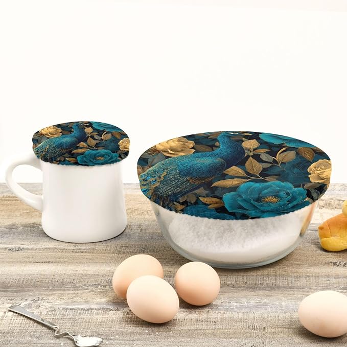 5 Pcs Bowl Covers Reusable in 5 Size Elastic Food Cover Cloth Lids Fresh Keeping Dish Cookware Bakeware Fabric Covers Lids for Food Leftovers Fruits Storage Peacock and Teal Gold Roses