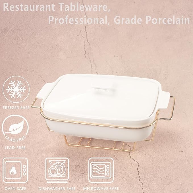 Casserole Dish with Lids 1.7 Quart Ceramic Bakeware Set with Lids and rack, 10 x 7 Lasagna Pan Deep with Lid, Rectangular Bakeware With Handle, Microwave, Dishwasher, Oven Safe, White