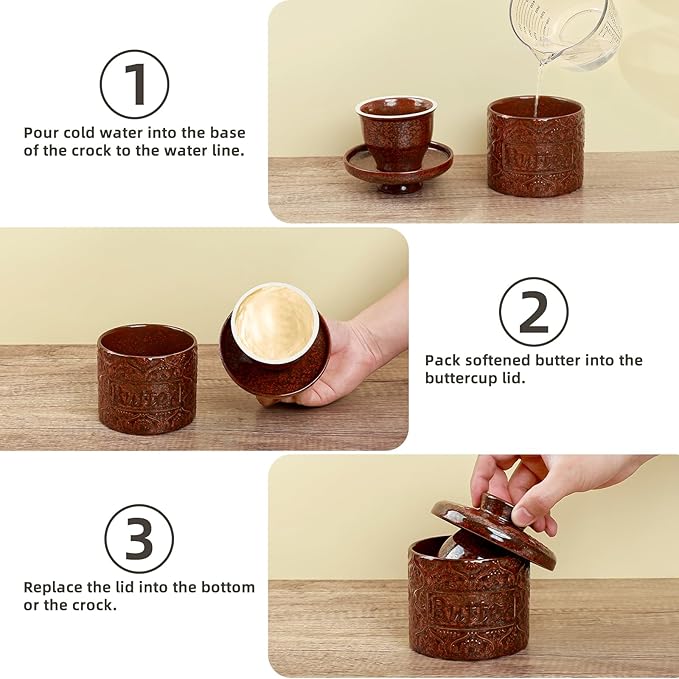 Butter Crock, Ceramic French Butter Dish with Lid for Countertop, Butter Keeper with Water Line for Fresh Spreadable Butter (Vintage Red)