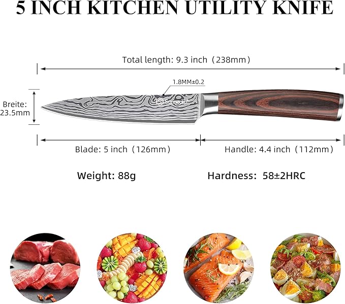Sunnecko 5 inch Kitchen Utility Knife,Multipurpose Small Kitchen Knife,High Carbon Stainless Steel Paring Knife for Fruit and Vegetable Cutting.