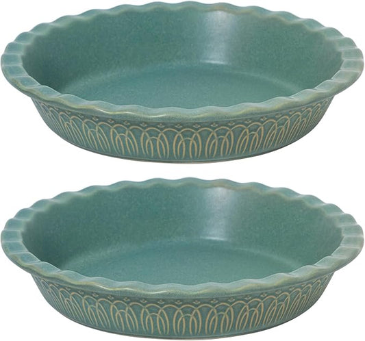 Fun Elements Ceramic Pie Pan, 9 Inch Pie Dish for Baking, Ruffled Pie Plate, Non-Stick Deep Dish Pie Pan for Apple Pie and Pot Pie, Thanksgiving Christmas Gifts, Set of 2, Green