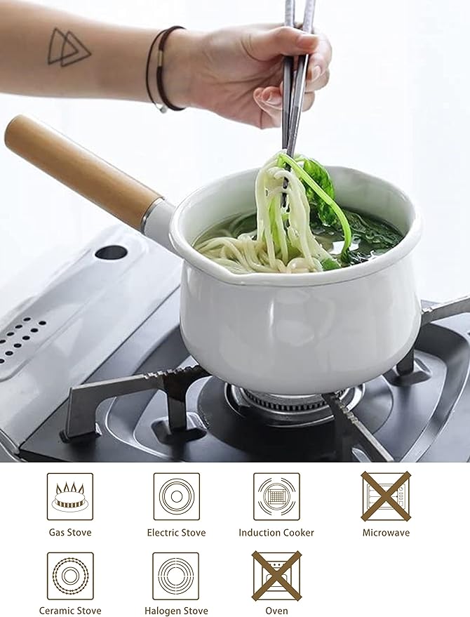 Enamel Milk Pan with Dual Pour Spout Butter Warmer Milk Pot for Stove Top Healthy White Enameled Inside Coating Iron 1QT Small Soup Pot with Wooden Handle (White)