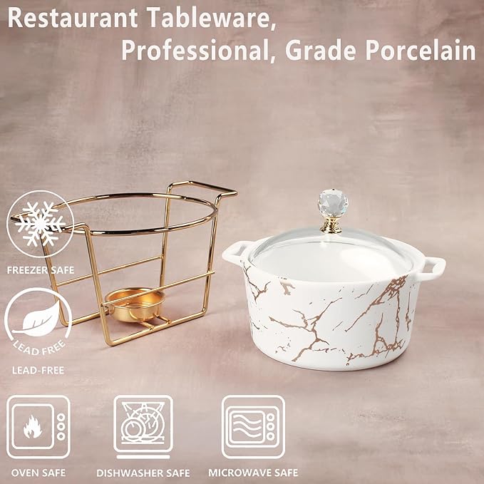4.9 Inch Ceramic Mini Casserole Dish with Glass Lid and rack, 13.5 Oz Serving Soup Tureen, Chafing Dish for Individual Portion, Chocolate fondue, Fondue Pots Sets for Party Bakery Desserts