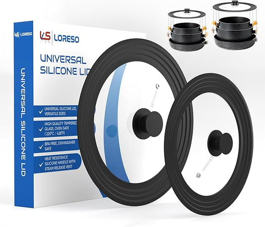 Universal Lid for Pots Pans & Skillet Size 7, 7.5, 8, 8.5, 9, 9.5,10, 10.5,11 & 11.5" Inches Cookware - Tempered Glass Lid with Silicone Rim (Two Pack - Black)