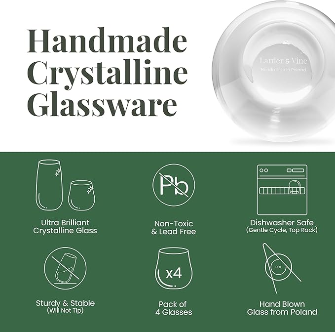 Larder & Vine Crystalline Glassware Tumbler Set, Artisan Drinkware for Cocktails, Water, Whiskey or Spirits, Handmade in Poland (Classic Short)