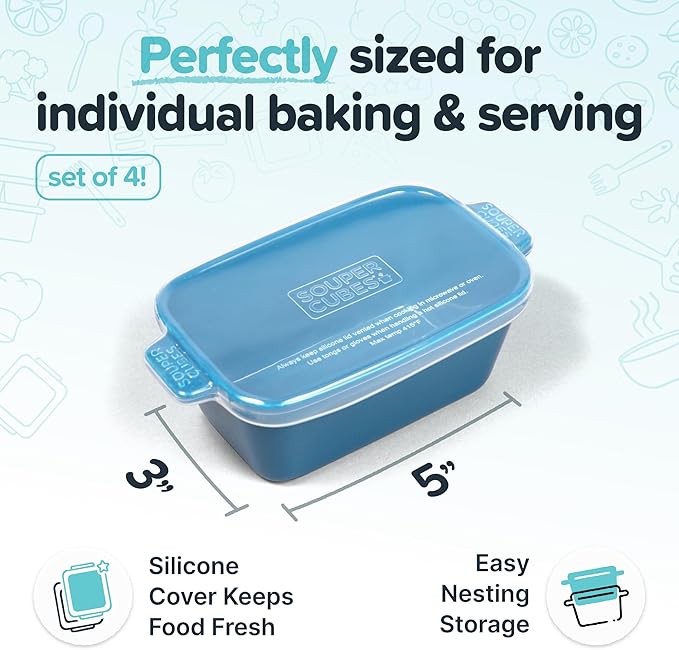 Souper Cubes Stoneware - Small Ceramic 5" x 3" Baking Dish with Silicone Covers, Small Baking Dishes for Oven Perfect for Reheating Single Serve Portions, Set of 4 - Blueberry