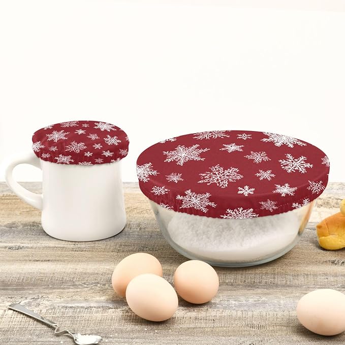 5 Pcs Bowl Covers Reusable in 5 Size Elastic Food Cover Cloth Lids Fresh Keeping Dish Cookware Bakeware Fabric Covers Lids for Food Leftovers Fruits Storage Christmas Red Snowflake