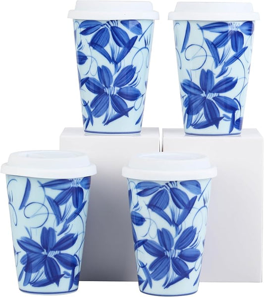 14 oz ceramics Handmade blue and white Retro Coke cups coffee tea set of 4 china Coffee Mugs for Tea, Milk,Dishwasher and Microwave Safe，Free gift soft silicone cover and gift box