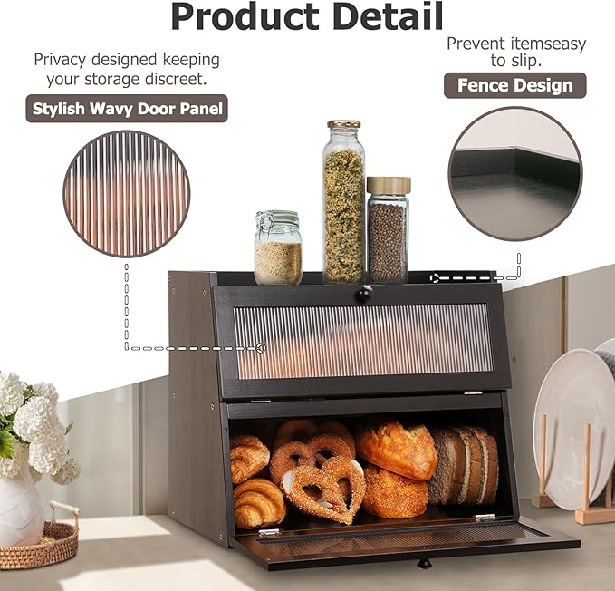 Pure Bamboo Bread Box, Roomy Bread Storage Container, Keeps Homemade Bread Fresh and soft, Easy to Assembly Breadbox for Kitchen Countertop