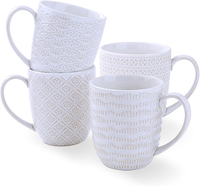 Embossment Coffee Mugs Set of 4, 12 oz Ceramic Coffee Cups Set, White Tea Cups with Large Handle for Latte, Cappuccino, Mocha, Cocoa, Microwave & Dishwasher Safe