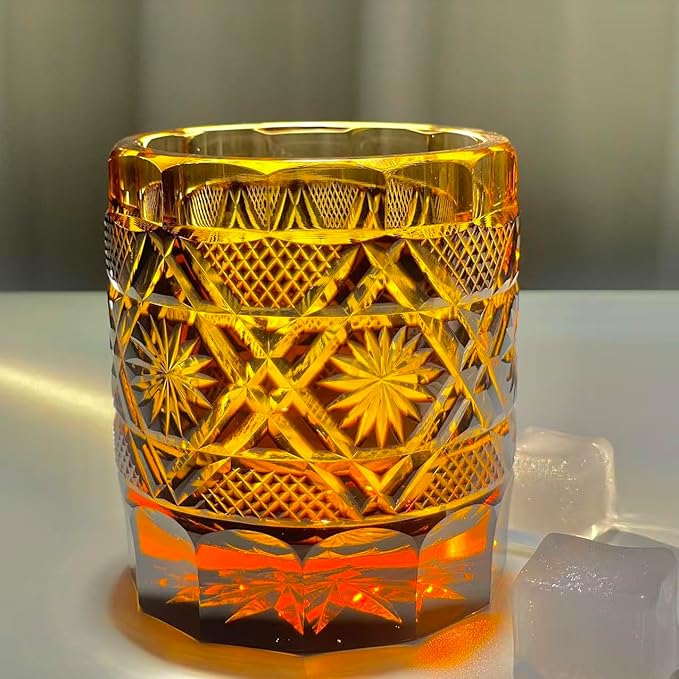 suigetsu Japanese Crystal Whiskey Glass, Cut Crystal Pattern, Luxury Cocktail Glassware (Red Gold Amber)