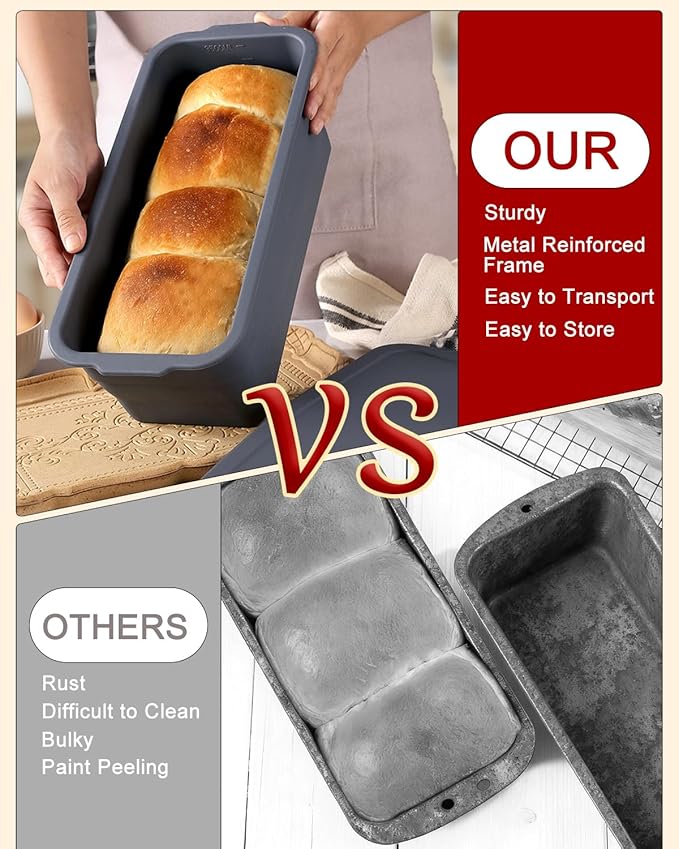 Large size foldable silicone bread loaf pan with lid,11x4.7 Inch easy to store non stick Bread Baking Pans,Sourdough Bread Pan with Baking Tool Supplies Kit for Homemade Bread, Cake