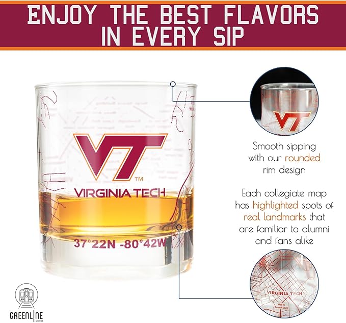 Greenline Goods – Virginia Tech University Hokies College Whiskey Glasses (Set of 2), 10 oz – Full-Color Logo + Campus Map