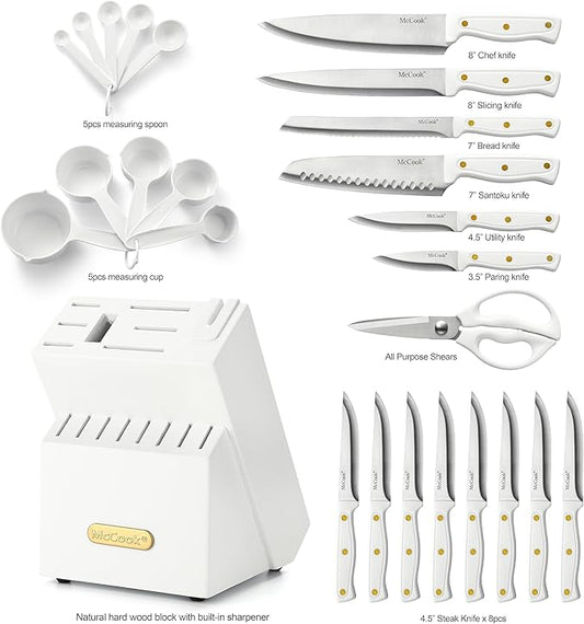 McCook® Knife Sets, White High Carbon Stainless Steel Kitchen Knife Sets with with Built-in Sharpener