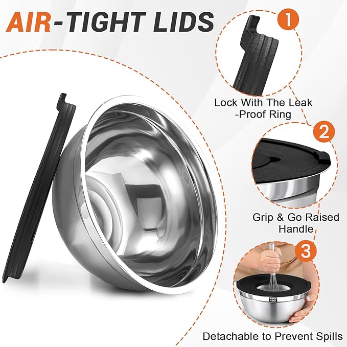 BEWOS Mixing Bowls with Airtight Lids Set - 5 Pcs Stainless Steel Mixing Bowls With 3 Grater Attachments, Size 4.5, 4, 3.5, 2.1, 1.5QT Metal Bowls for Baking and Serving (Black)