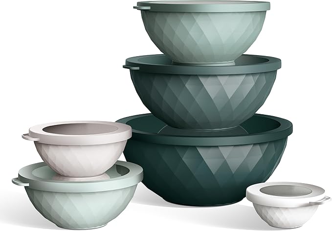 COOK WITH COLOR Mixing Bowls with Lids - 12 Piece Plastic Nesting Bowls Set includes 6 Prep Bowls and 6 Lids, Diamond Design - Microwave Safe, Green
