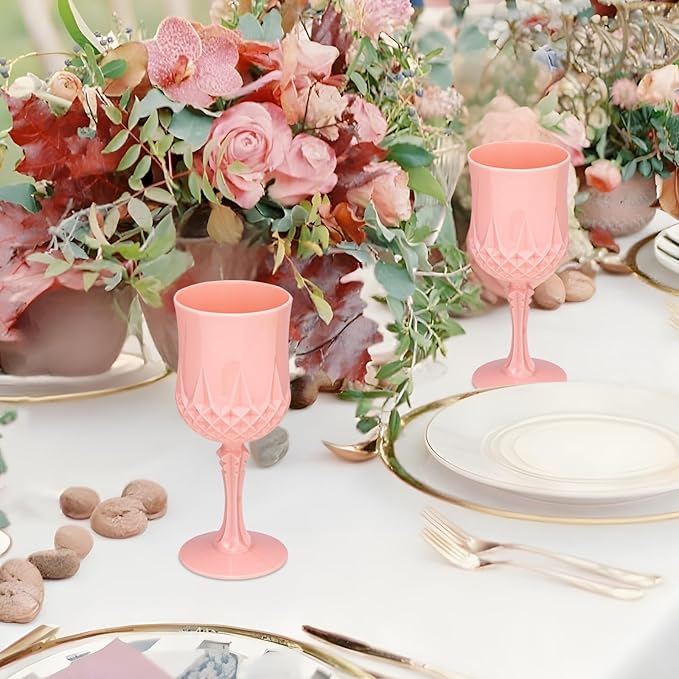 Plastic Vintage Wine Glasses 7OZ Plastic Goblets Vintage Drinking Glasses 24PCS Retro Wedding Glassware Water Goblets Reusable Drinking Cups for Party,Reception,Celebration,Bar,Whiskey(Light Pink)