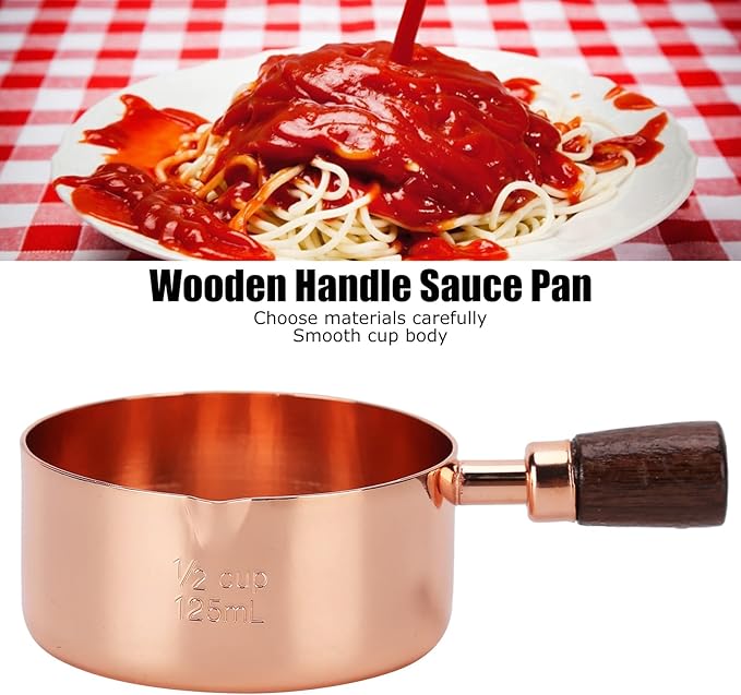 Mini Sauce Pan, Stainless Steel Butter Warmer with Pour Spout and Wooden Handle Rose Gold Melting Pot for Making Sauces, Chocolate Melting, Coffee Tea Soup Warming(1/2cup)