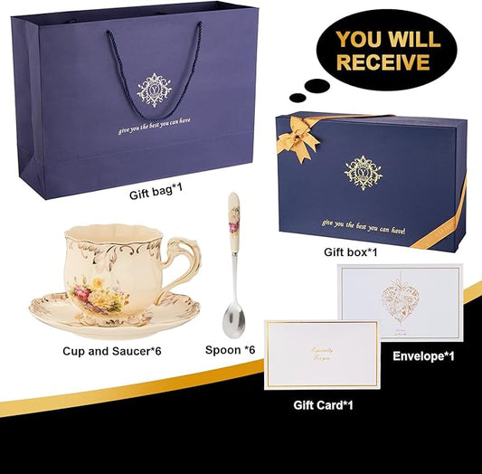 YOLIFE Tea Cups and Saucers Set of 6, Ivory Porcelain Tea Cups Set with Stand, Floral with Gold Leaves Trim Design, Gift for Women (Includes Gift Box, Tote Bag, Greeting Card)