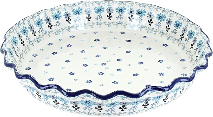 Blue Rose Polish Pottery - Blue Celeste Pie Plate - 10" Diameter - Ceramic Baking Dish, For Pies, Quiches & Desserts
