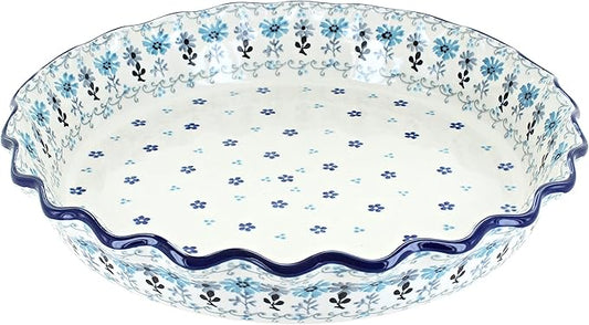 Blue Rose Polish Pottery - Blue Celeste Pie Plate - 10" Diameter - Ceramic Baking Dish, For Pies, Quiches & Desserts
