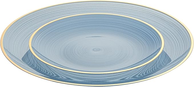 Restaurantware Plastic Plates 40 Pcs 7.13" and 10" Combo Gold Rimmed Plate Set Disposable Heavy-Duty Blue Translucent Rippled Plastic Dinner Servers for Party, Weddings, Salads, Desserts