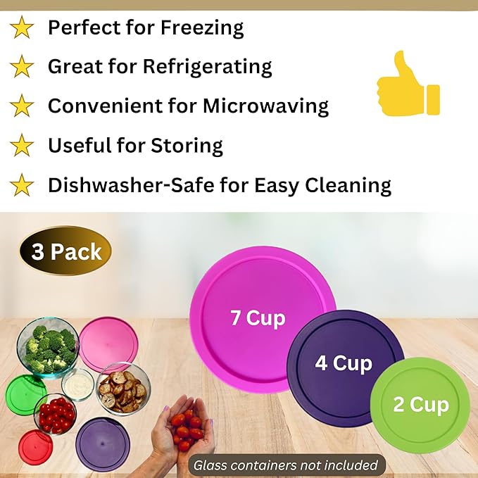 2, 4 & 7 Cup Spring Green, Purple, Pink Replacement Lids/Covers for Pyrex, Anchor Hocking & KlareWare Storage Bowls *Lids Only Glass Container Not Included* (3 Pack *One of Each Size*)