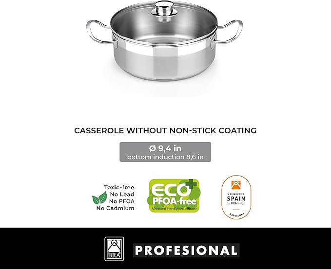 BRA COOKWARE Profesional 8 Piece Cookware Set | Stainless Steel Professional Kitchenware Set | 2 Pots, 1 Sauté Pan, 2 Frying Pans, 3 Lids | All Heat Sources Compatible | PFOA Free