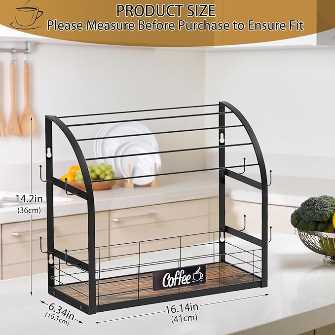 K Cup Coffee Pod Holder, 2 Tier Coffee Bar Organizer with 8 Mug Hooks, 2025 New K Cup Holders for Counter, Easy Assembly, Multi-functional Coffee Station Organizer for Countertop, Home or Office,Black