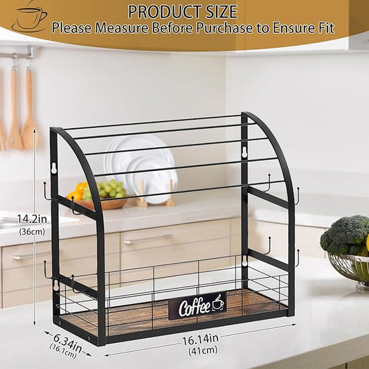 K Cup Coffee Pod Holder, 2 Tier Coffee Bar Organizer with 8 Mug Hooks, 2025 New K Cup Holders for Counter, Easy Assembly, Multi-functional Coffee Station Organizer for Countertop, Home or Office,Black