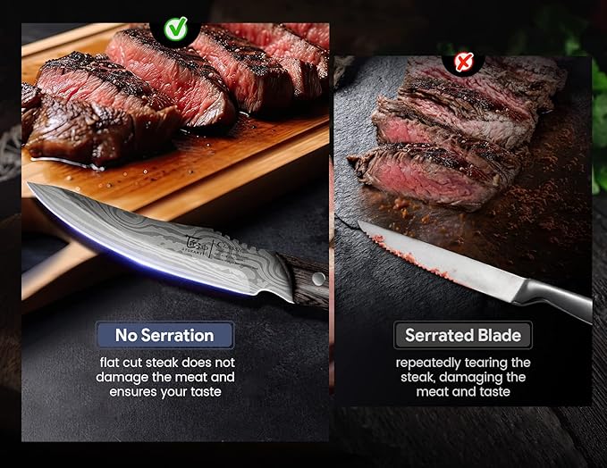 Steak Knives Set of 2, 4.8 Inch High-Carbon Japanese Stainless Steel Non-serrated Meat Knife with Wood Handle, Damascus Pattern Full Tang Design, Razor-Sharp Dinner Knives with Gift Box