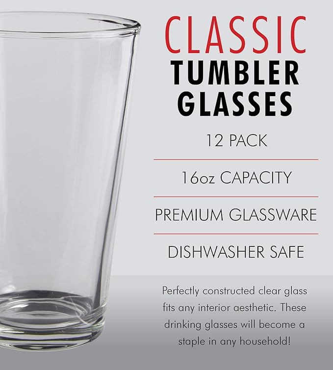Pint Beer Glasses Set of 12 – 16 oz Tall Clear Drinking Glasses and All Purpose Tumblers – Heavy Base Cocktail, Water, Juice Glass – Pub Style Design For Home Dining, Bars, and Parties
