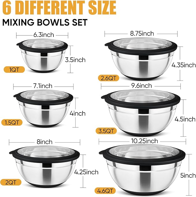 P&P CHEF Black Mixing Bowls Set of 6, Stainless Steel Mixing Bowl with Visible Lids for Salad, Metal Nesting Serving Bowls for Kitchen Cooking Prepping Storing Food, 4.6/3.5/2.6/2/1.5/1 QT