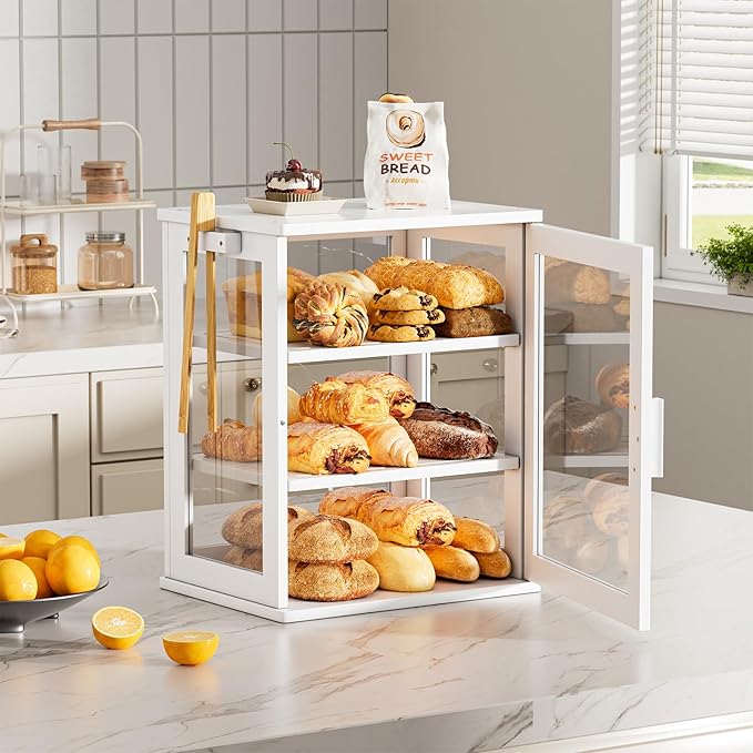 WOWLIVE Bread Box for Kitchen Countertop, Large 3 Layers Bread Storage Container for Homemade Bread with Window, Farmhouse Breadbox Organizer for Kitchen, Cabinet, Pantry (White, Meduim)