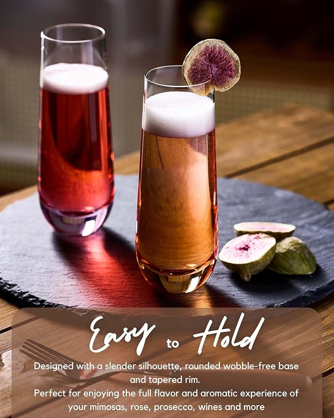 ColoVie Stemless Champagne Glasses Set of 6- Colored Champagne Flutes- Wedding Toasting Glass- Bridesmaid Gift- Mimosa Glass- Crystal Bar Glassware- Birthday Cocktail Party, 9.6oz